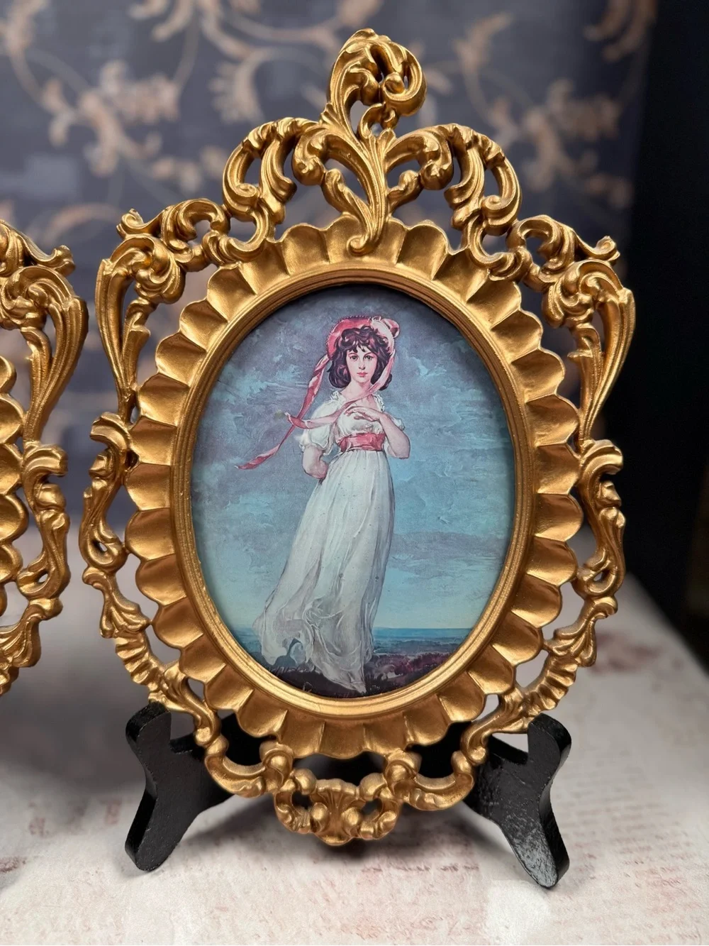 Vintage Pinky & Blue Boy Convex Print Pair Ornate Gold Tone Resin Frames